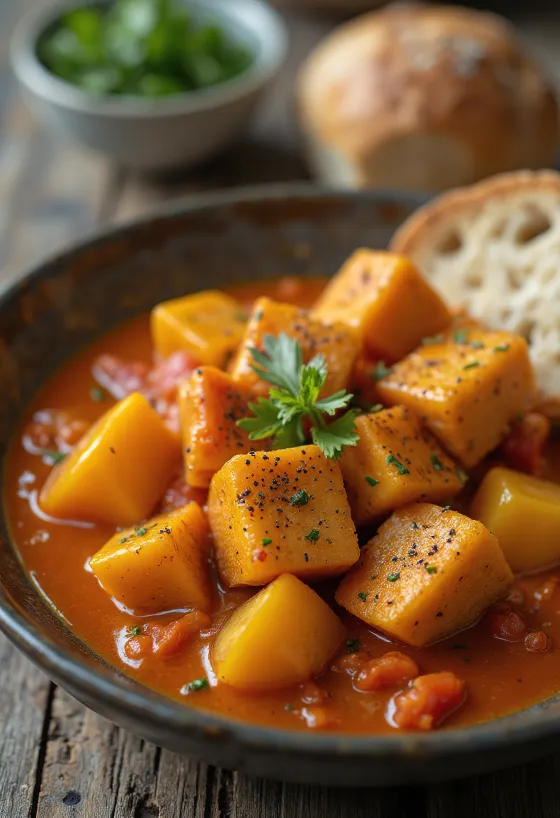 Lecsó vegano con tofu servido