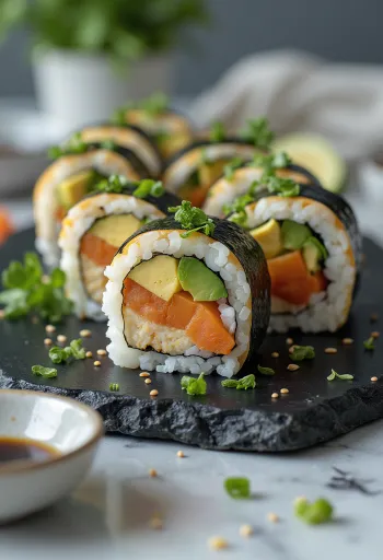 Sushi vegano con tofu, verduras y salsa de soya