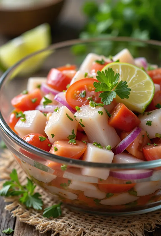 Ceviche clásico con limón, combinación fresca de pescado, aguacate y jitomate