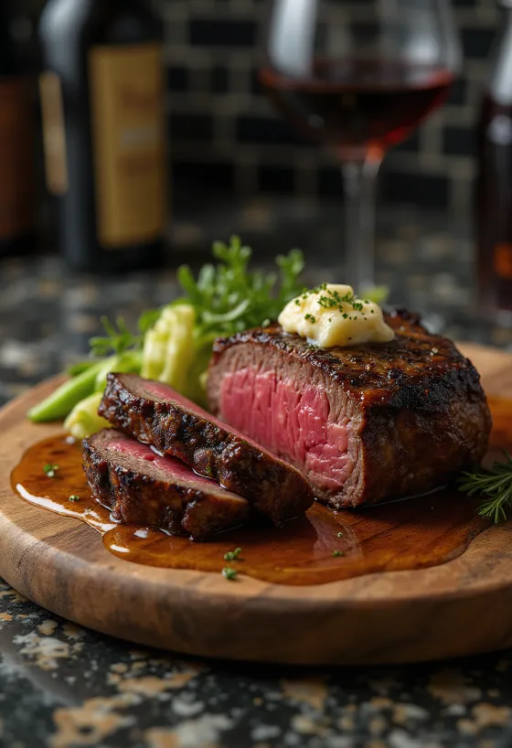 Steak Chateaubriand servido con verduras al vapor y mantequilla