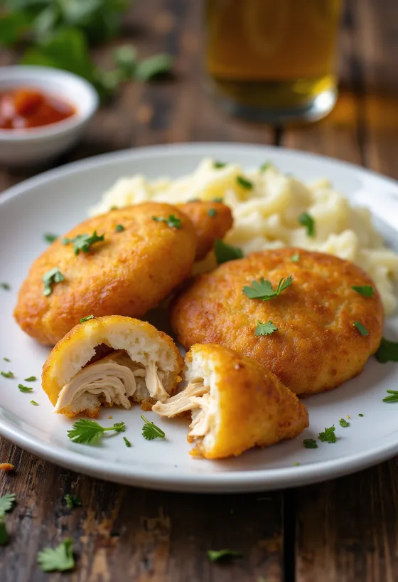 Coxinha sin gluten, crujientes bolitas de pollo decoradas con cilantro fresco