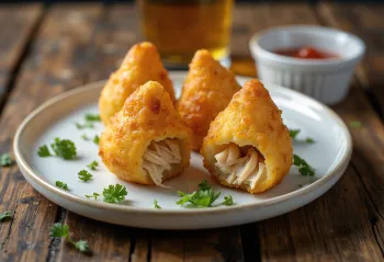 Coxinha sin gluten, crujientes bolitas de pollo decoradas con cilantro fresco