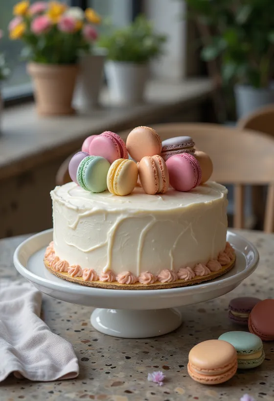 Pastel decorado con macarons de varios colores