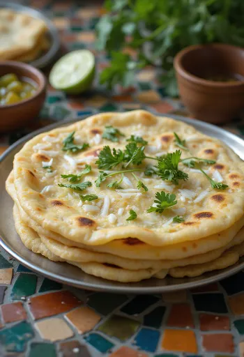 Thepla de Rábano (Mooli), pan plano de rábano recién horneado, decorado con cilantro fresco