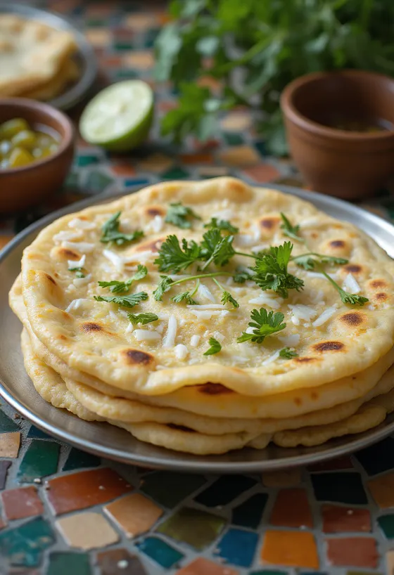 Thepla de Rábano (Mooli), pan plano de rábano recién horneado, decorado con cilantro fresco