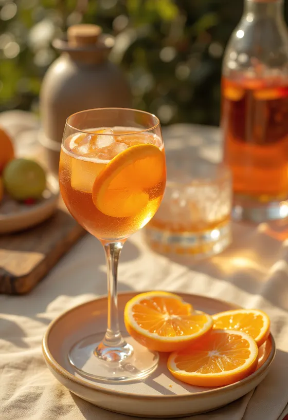 Cóctel Aperol con Naranja servido con rodaja de naranja y hielo
