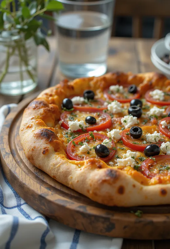 Pizza Greca con queso feta, aceitunas negras y jitomate fresco