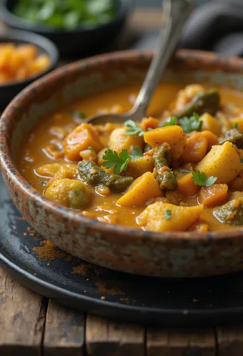 Curry vegano con verduras jugosas y decorado con cilantro fresco