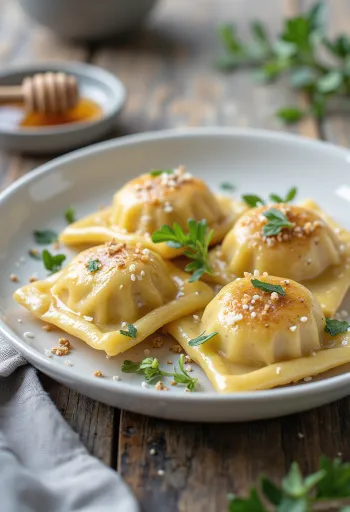 Ravioles de postre rellenos de chía servidos en plato