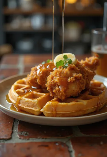 Pollo y waffles en plato, bañados con miel de maple