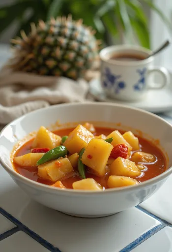 Salsa agridulce para pollo en un tazón, con trozos de piña y pimiento.