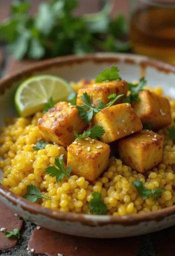 Tofu asado al limón con base de quinoa al curry