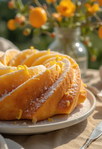 Rosca de naranja horneada dorada, espolvoreada con azúcar glass