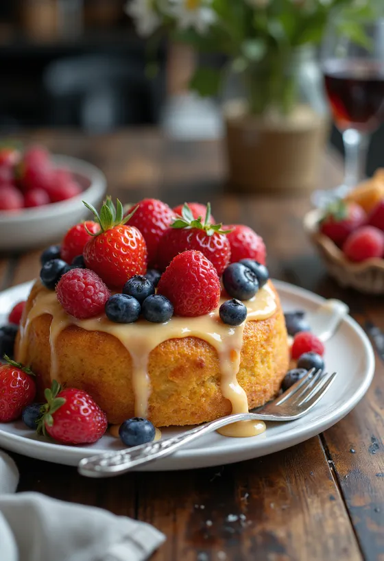 Pastel de frutos de verano decorado con fruta fresca