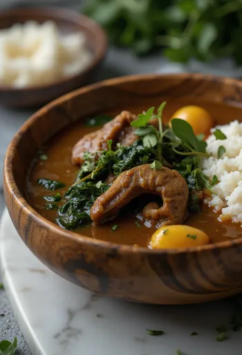 Sopa Ogbono con carne de cabra, servida con espinacas frescas y rico jugo