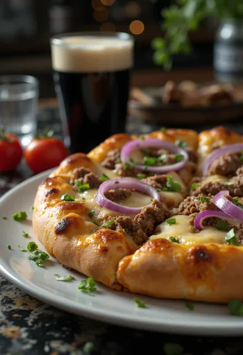 Pizza irlandesa de carne de res servida