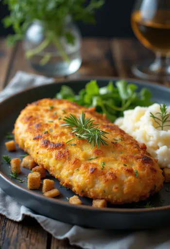 Pozharsky cutlet, tortita de pollo rusa con mantequilla y pan molido, servida con puré de papa
