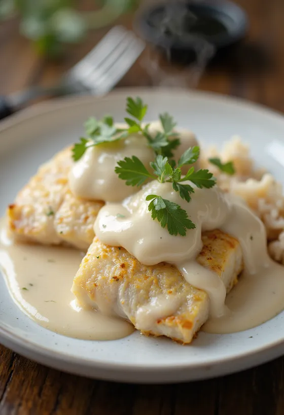Pescado a la plancha con salsa de eneldo servido