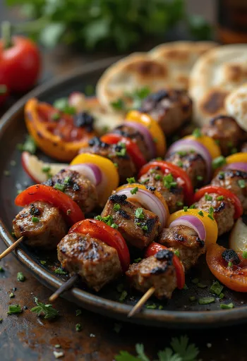 Shish kebab, carne y verduras asadas en brocheta