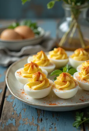 Huevos rellenos decorados con hierbas frescas y páprika