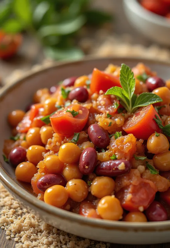 Ensalada de frijoles vegana servida con verduras frescas