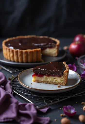 Tarta Bakewell con chocolate, relleno de almendra y chocolate encima