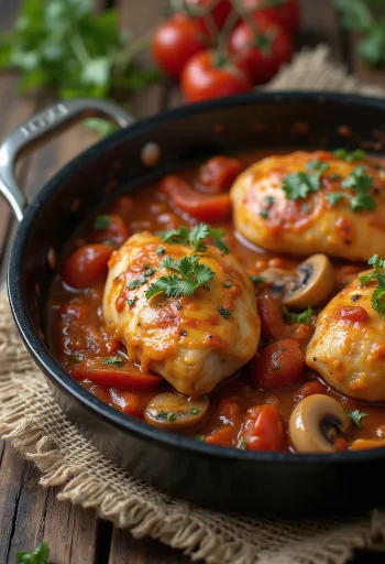 Pollo Cacciatore servido en sartén con verduras