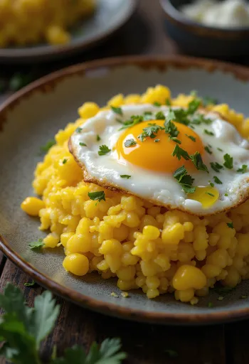 Cuscús con huevo servido con cilantro y huevo