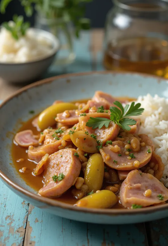 Estofado a la carnicera con cerdo jugoso, chorizo ahumado y pepinillos.
