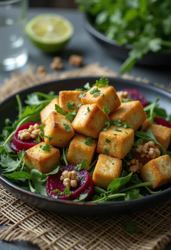 Tofu asado al limón con ensalada de betabel