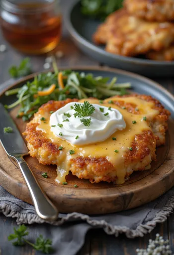 Chuleta Mátra con costra dorada de papa, cubierta de crema y queso