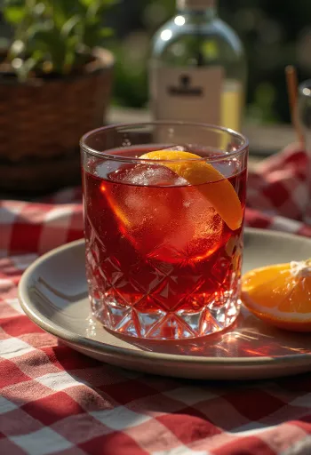Cóctel Negroni decorado con rodaja de naranja