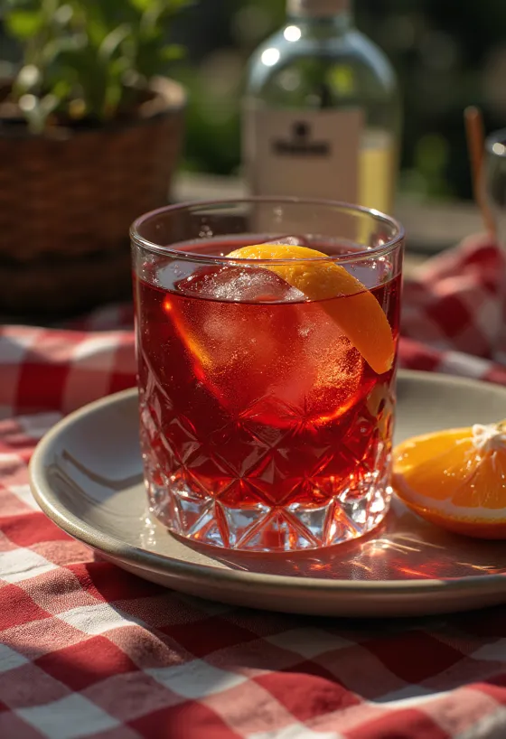 Cóctel Negroni decorado con rodaja de naranja