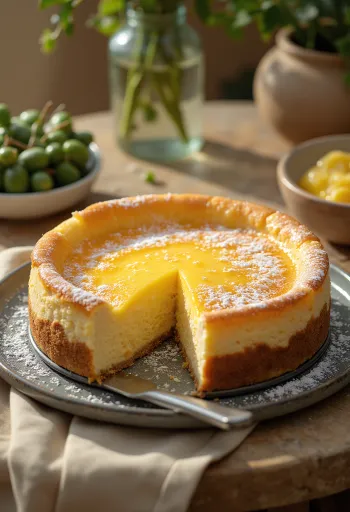 Pastel de requesón alemán con relleno suave y espolvoreado con azúcar glass