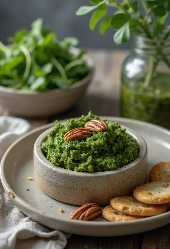 Pesto de kale y nuez pecana servido en plato claro, con consistencia cremosa