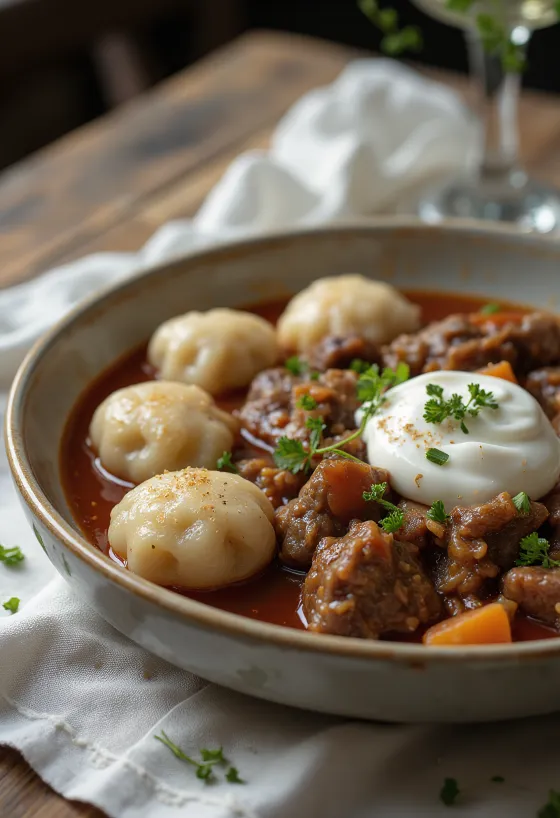 Estofado de res con ñoquis de requesón y crema servido