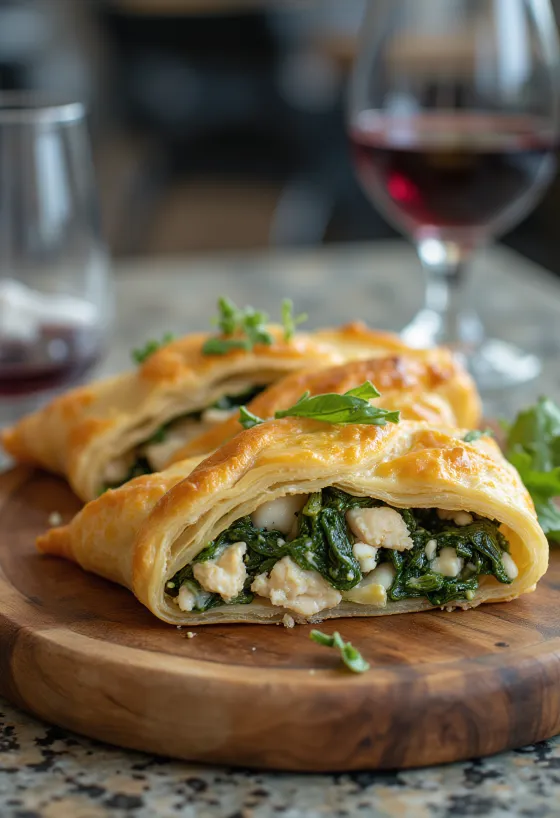 Spanakopita con pollo, masa dorada y crujiente con rico relleno de espinaca y pollo