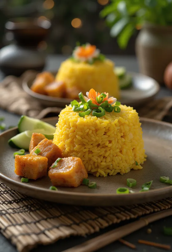 Tumpeng con tempeh, un plato indonesio exótico, arroz rico, tempeh tostado y verduras frescas