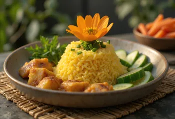 Tumpeng con tempeh, un plato indonesio exótico, arroz rico, tempeh tostado y verduras frescas