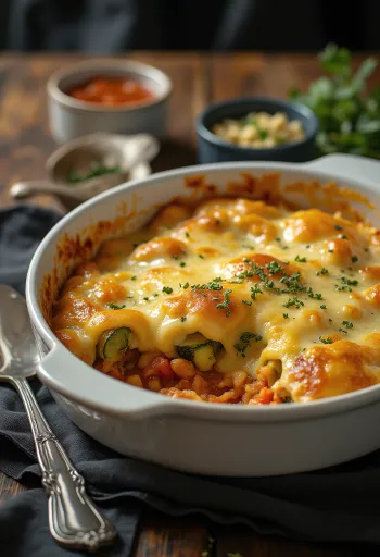 Cazuela de calabacita vegana con salsa de tomate
