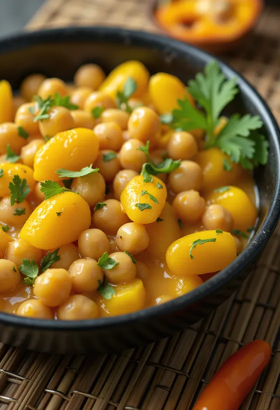 Ackee y garbanzos en un tazón, servido con verduras y leche de coco
