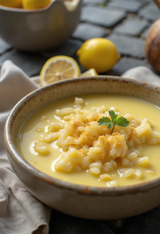 Sopa Avgolemono servida con perejil fresco