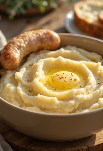 Cremoso puré de papa en un tazón con mantequilla derretida