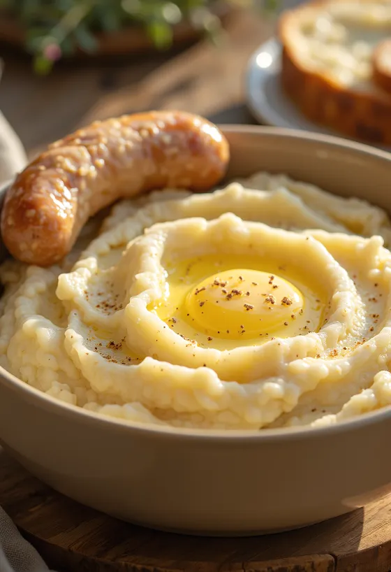 Cremoso puré de papa en un tazón con mantequilla derretida
