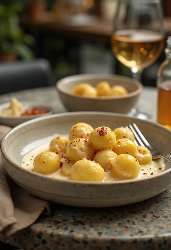 Plato de gnocchis al chile servidos con salsa