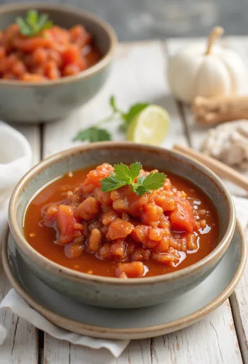 Salsa de tomate y jengibre agridulce en un tazón, servida con jengibre fresco y verduras asadas.