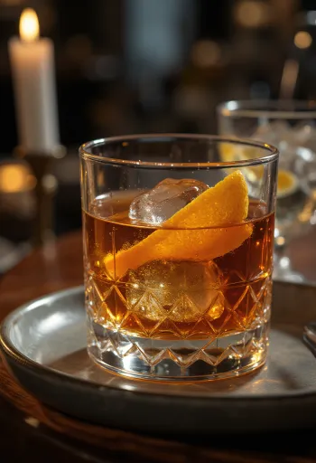 Cóctel Old Fashioned decorado con cáscara de naranja