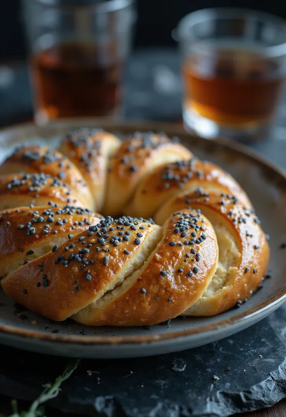 Simit con semillas de amapola servido con queso feta y perejil fresco