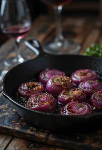 Cebollas al vino tinto ahumadas en BBQ servidas