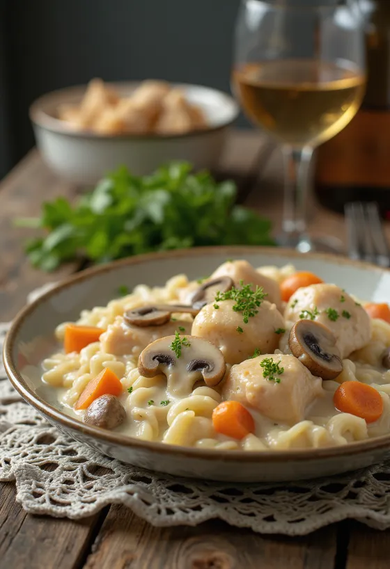 Fricasé de pollo servido con salsa cremosa